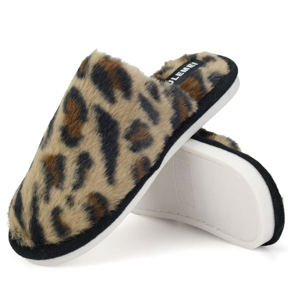 BERANMEY Women's Leopard Print Slippers Plush Warm Fuzzy House Slippers for Women & Men Cozy Indoor Non-Slip Home Shoes with Fleece Lining