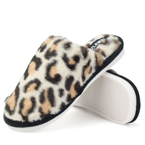 BERANMEY Women's Leopard Print Slippers Plush Warm Fuzzy House Slippers for Women & Men Cozy Indoor Non-Slip Home Shoes with Fleece Lining
