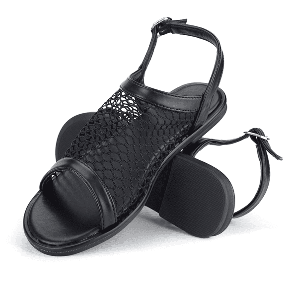 BERANMEY Women's Open Toe Mesh Sandals Low Heel Flat Sandals Breathable Dressy Casual Shoes Comfort Tie-Back Ankle Strap Adjustable Walking Flats