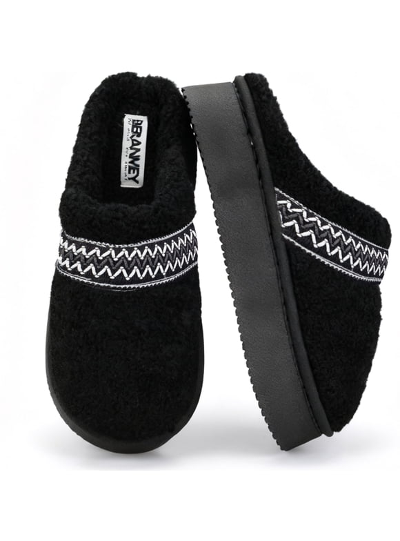 Women's Platform Slippers with Polar Fleece Lining House Slippers for Womens Mens Soft Curly Full Embroidery Slippers Memory Foam Insoles Non-Slip Sole for Indoor and Outdoor Comfort