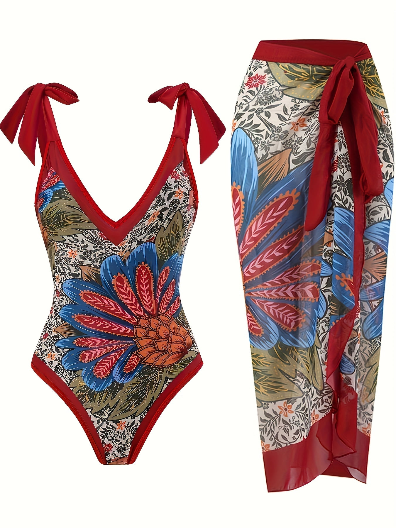 BERANMEY Women's Tropical Print One Piece Swimsuit with Cover up Beach