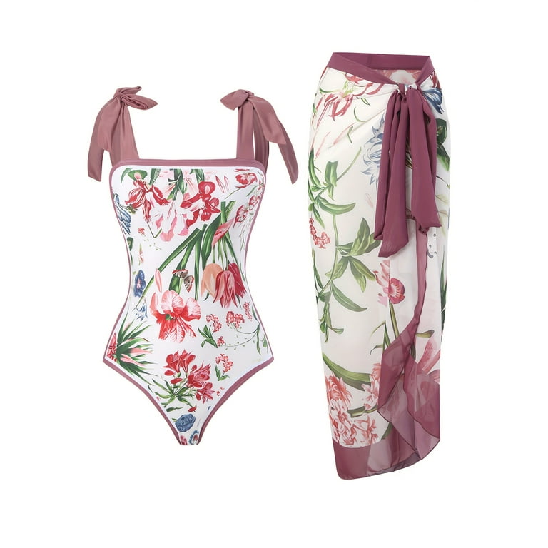 Tropical Print One Piece Swimsuit with Matching Printed Sarong