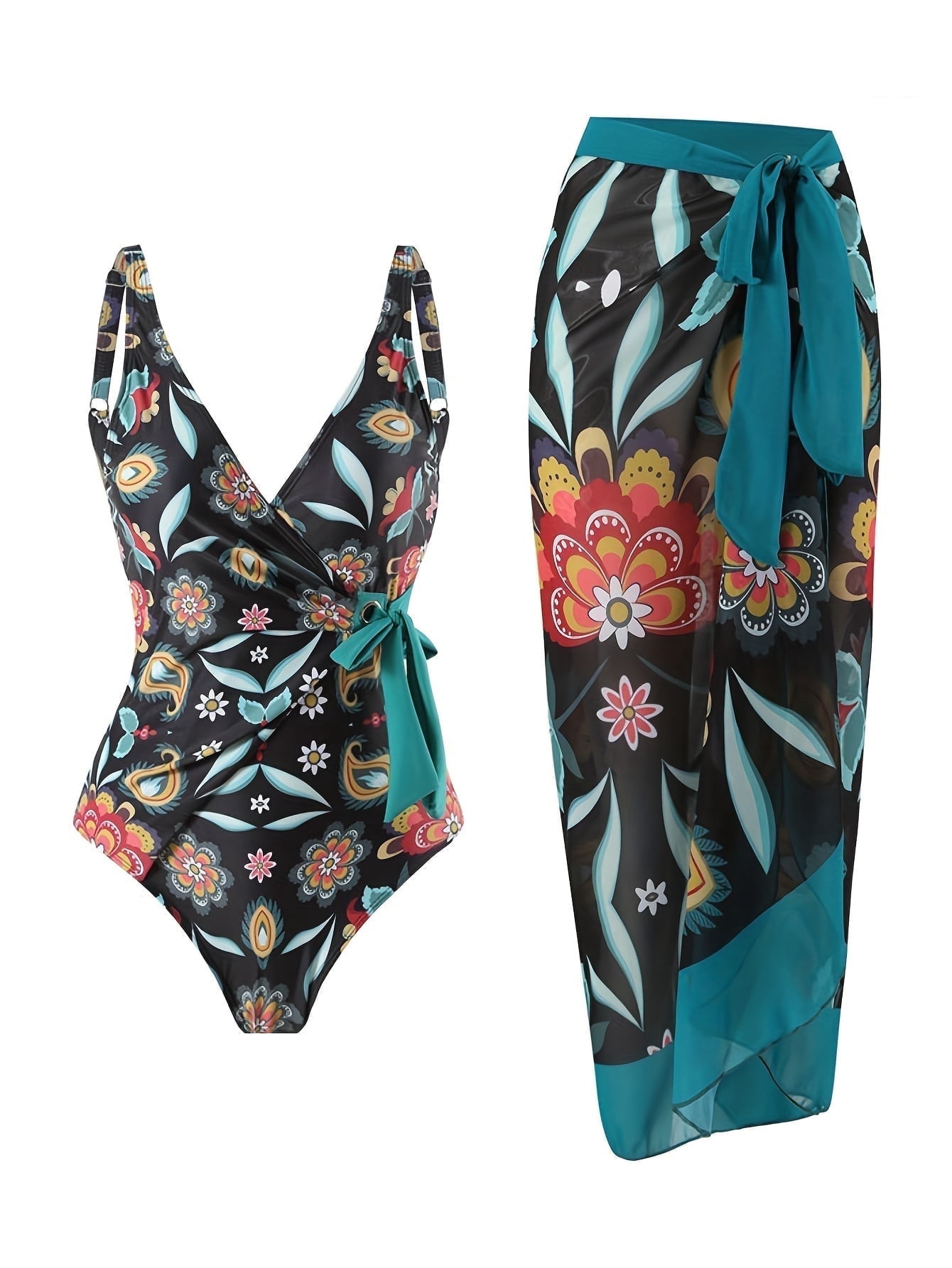 Women's Floral Laser-Cut Swimsuit With Skirt - Slimming V-Neck Monokini & Detachable Skirt