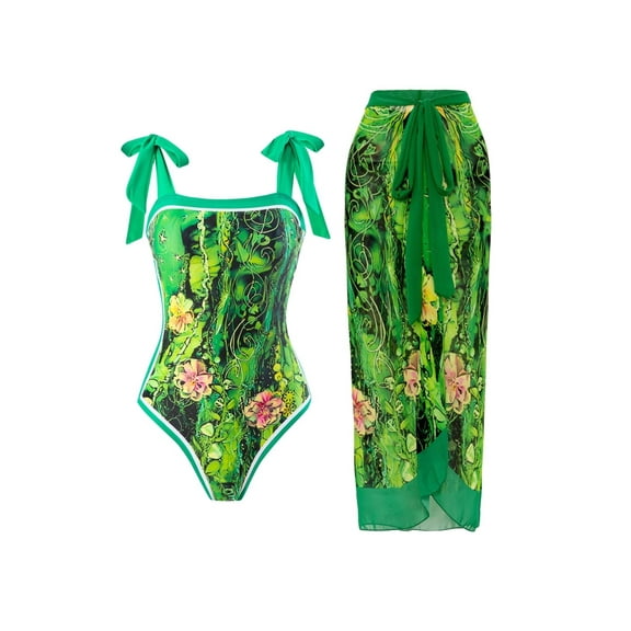 BERANMEY Women's Tropical Print One Piece Swimsuit with Cover up Beach Skirt Sarong Two Piece Floral Printed V Neck Tummy Control High Cut Monokini Swimsuit Bathing Suit Women's Swimwear & Clothing