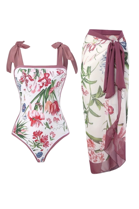 Women's Tropical Print One Piece Swimsuit with Cover up Beach Skirt Sarong Two Piece Floral Printed V Neck Tummy Control High Cut Monokini Swimsuit Bathing Suit Women's Swimwear & Clothing