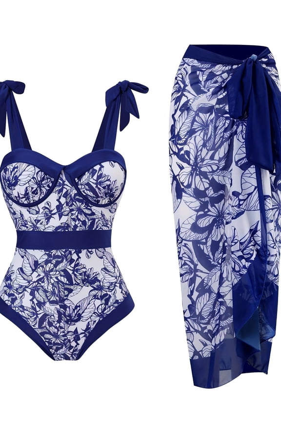 BERANMEY Women's Tropical Print One Piece Swimsuit with Cover up Beach Skirt Sarong Two Piece Floral Printed V Neck Tummy Control High Cut Monokini Swimsuit Bathing Suit Women's Swimwear & Clothing