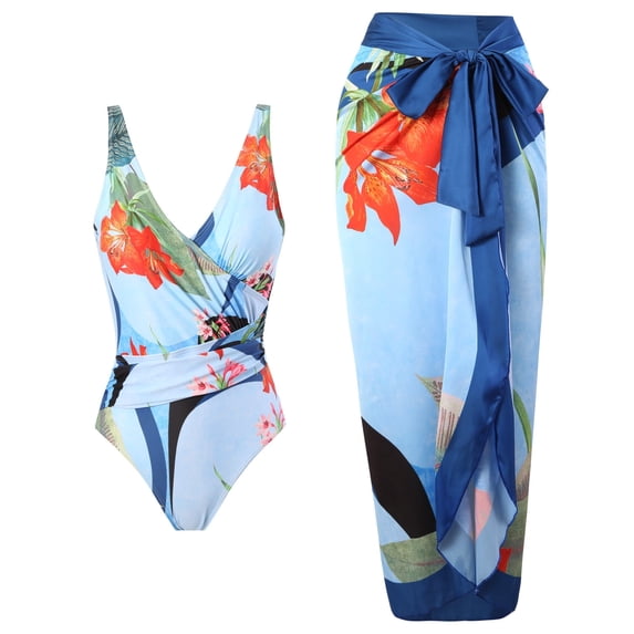 BERANMEY Women's Tropical Print One Piece Swimsuit with Cover up Beach Skirt Sarong Two Piece Floral Printed V Neck Tummy Control High Cut Monokini Swimsuit Bathing Suit Women's Swimwear & Clothing