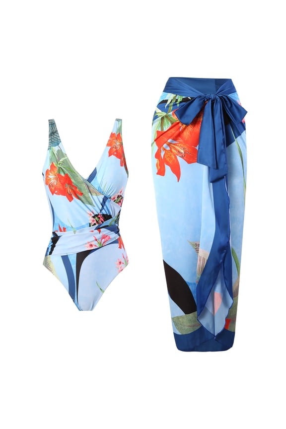 Women's Tropical Print One Piece Swimsuit with Cover up Beach Skirt Sarong Two Piece Floral Printed V Neck Tummy Control High Cut Monokini Swimsuit Bathing Suit Women's Swimwear & Clothing