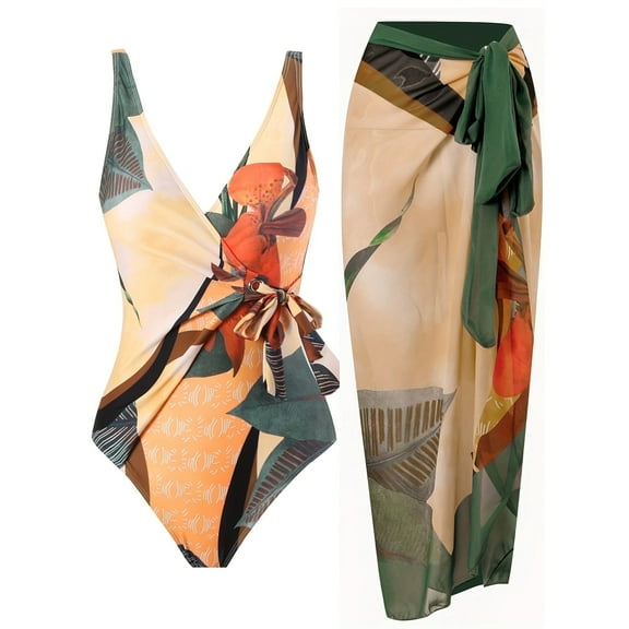 BERANMEY Women's Tropical Print One Piece Swimsuit with Cover up Beach Skirt Sarong Two Piece Floral Printed V Neck Tummy Control High Cut Monokini Swimsuit Bathing Suit Women's Swimwear & Clothing