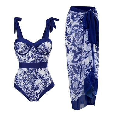 BERANMEY Women's Tropical Print One Piece Swimsuit with Cover up Beach Skirt Sarong Two Piece Floral Printed V Neck Tummy Control High Cut Monokini Swimsuit Bathing Suit Women's Swimwear & Clothing