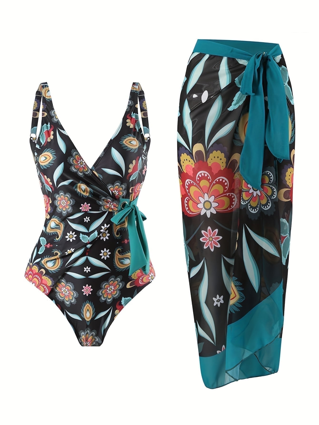 BERANMEY Women's Floral V Neck Swimsuit with Wrap Cover-up Skirt, Tummy ...