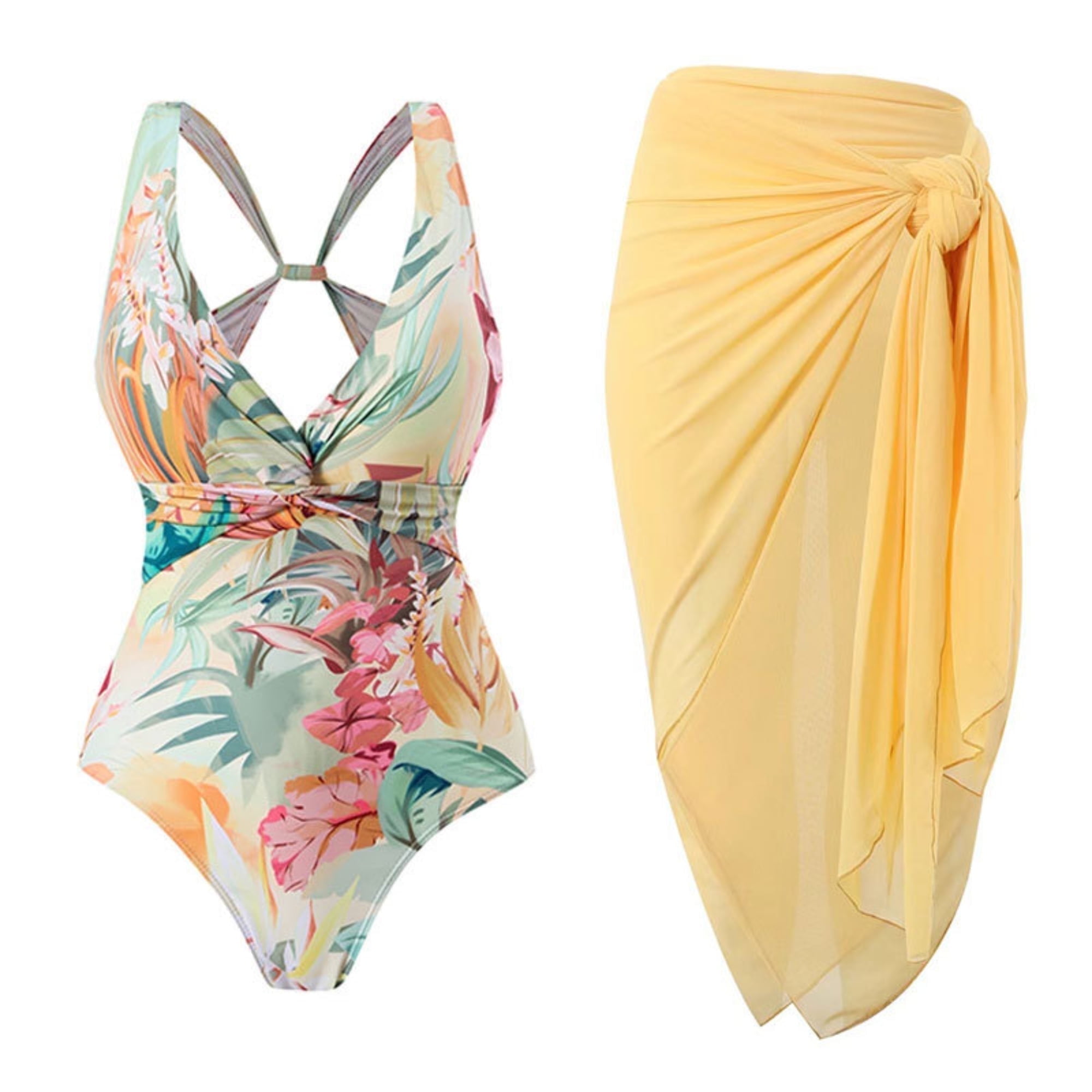 Women's Tropical Print One Piece Swimsuit – Halter V Neck Ruched Colorblock main image 1