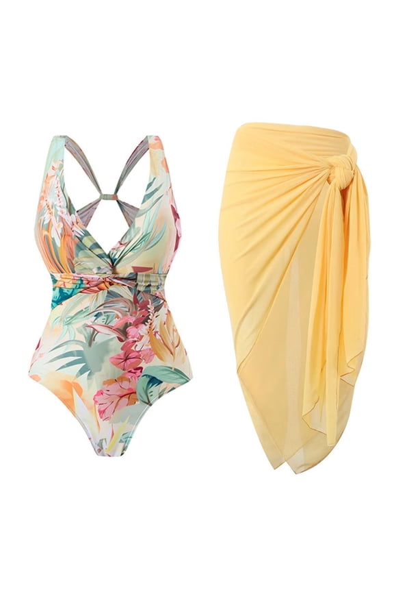 Women's Tropical Print One Piece Swimsuit with Cover up Beach Skirt Sarong Two Piece Floral Printed V Neck Tummy Control High Cut Monokini Swimsuit Bathing Suit Women's Swimwear & Clothing