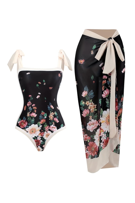 Women's Tropical Print One Piece Swimsuit with Cover up Beach Skirt Sarong Two Piece Floral Printed V Neck Tummy Control High Cut Monokini Swimsuit Bathing Suit Women's Swimwear & Clothing