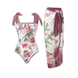 One Piece Floral Print Bathing Suit with Ruffle Swim Skirt