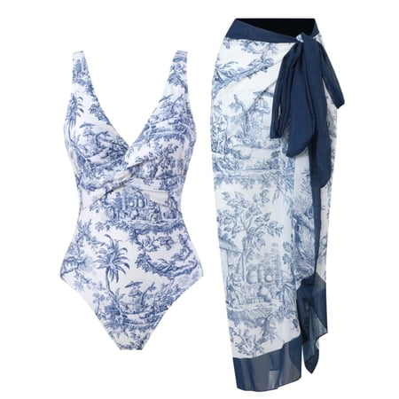 BERANMEY Women's Tropical Print One Piece Swimsuit with Cover up Beach Skirt Sarong Two Piece Floral Printed V Neck Tummy Control High Cut Monokini Swimsuit Bathing Suit Women's Swimwear & Clothing