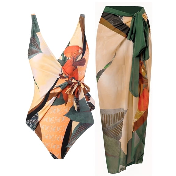 BERANMEY Women's Tropical Print One Piece Swimsuit with Cover up Beach Skirt Sarong Two Piece Floral Printed V Neck Tummy Control High Cut Monokini Swimsuit Bathing Suit Women's Swimwear & Clothing