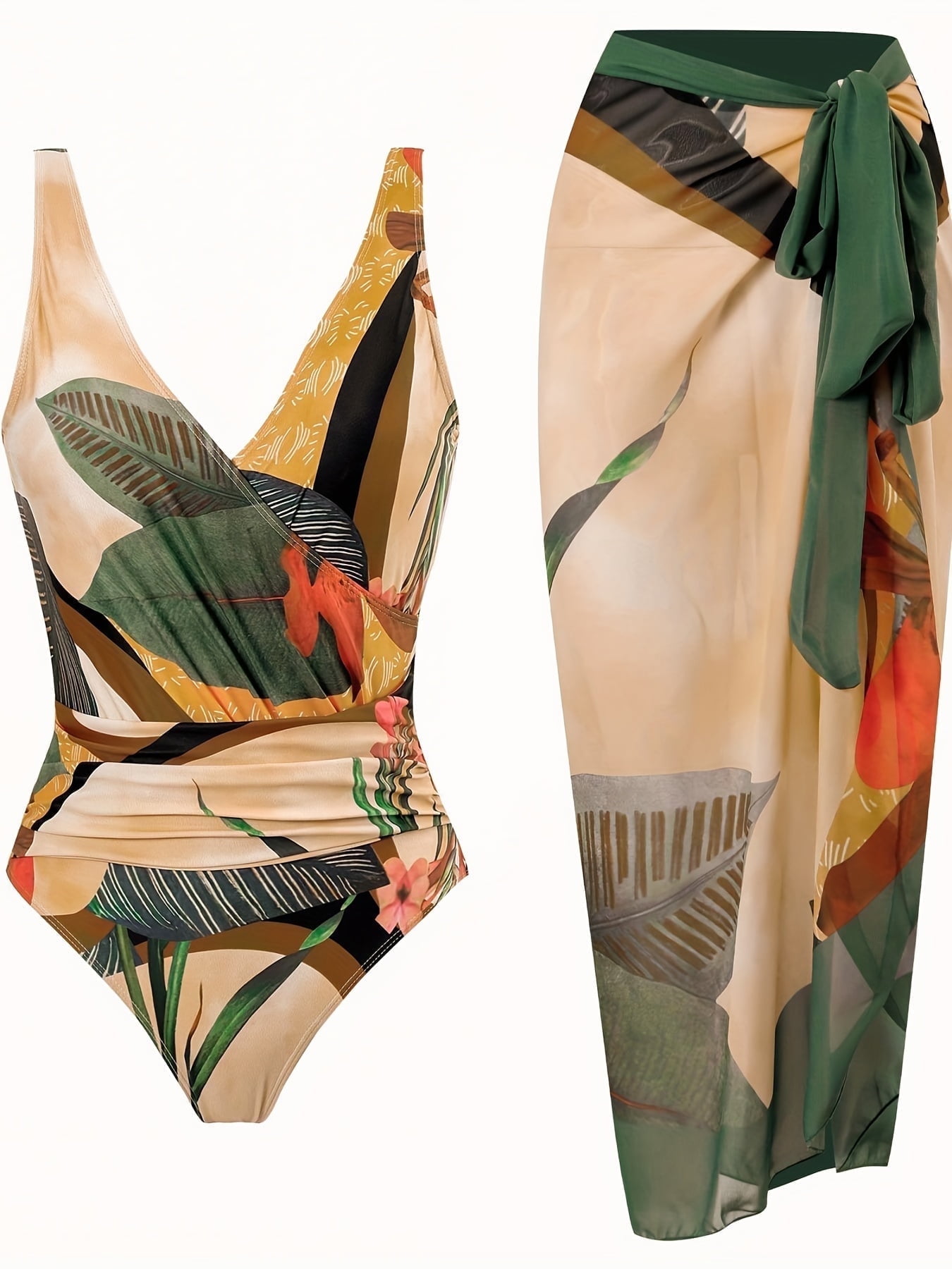 BERANMEY Women's Retro Tropical Print One Piece Swimsuit with Wrap Cover-up Beach Skirt