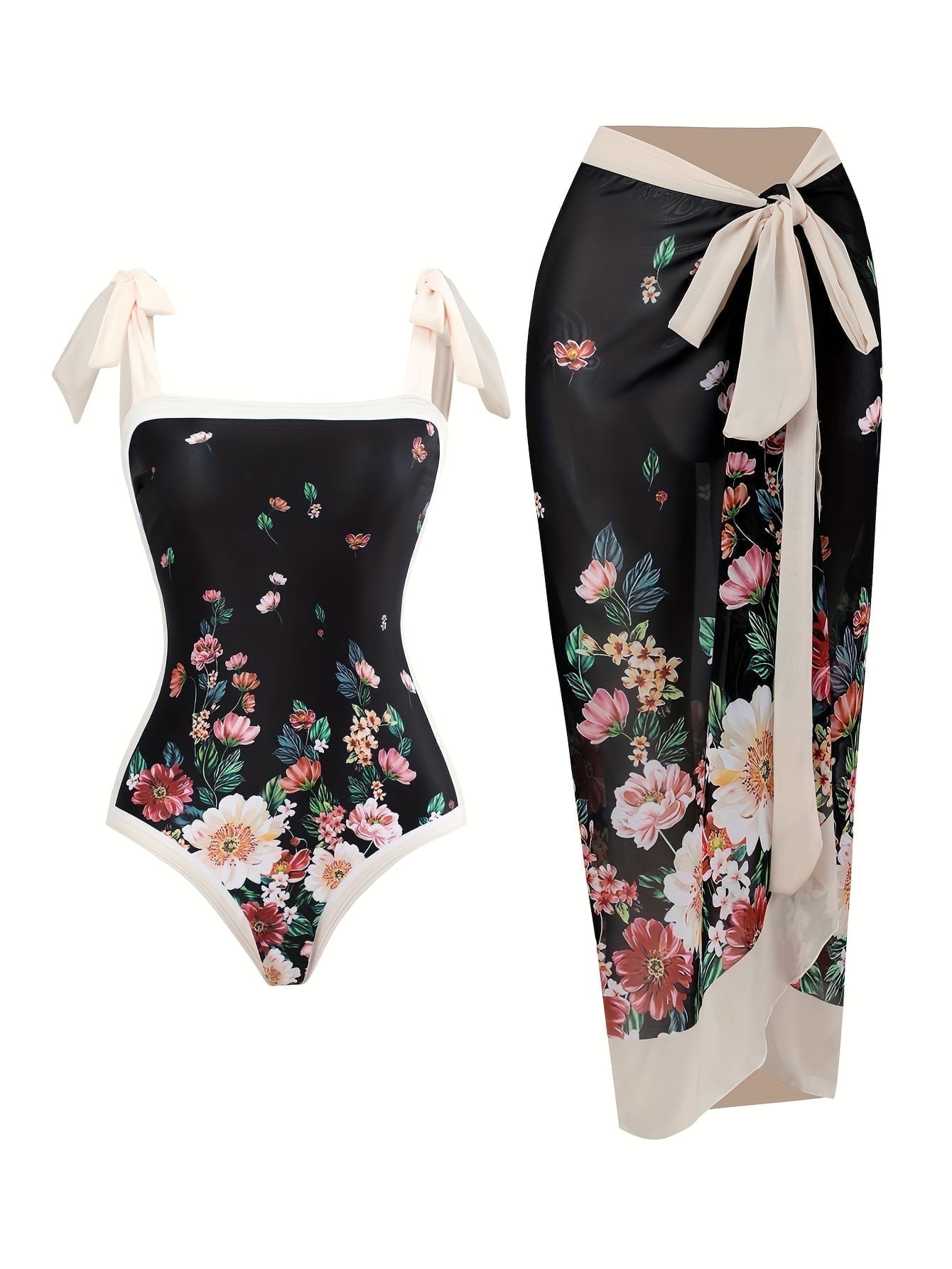 Printed One Piece Swimsuit Women Vacation Beach Tassel Skirt Sets
