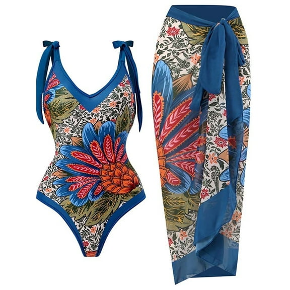 BERANMEY Women's Tropical Print One Piece Swimsuit with Cover up Beach Skirt Sarong Two Piece Floral Printed V Neck Tummy Control High Cut Monokini Swimsuit Bathing Suit Women's Swimwear & Clothing