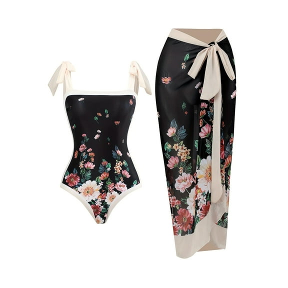 BERANMEY Women's Tropical Print One Piece Swimsuit with Cover up Beach Skirt Sarong Two Piece Floral Printed V Neck Tummy Control High Cut Monokini Swimsuit Bathing Suit Women's Swimwear & Clothing
