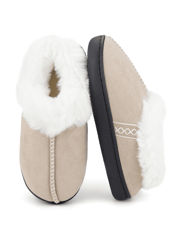 Women's Winter Slippers with Memory Foam, Fuzzy Faux Fur Lining House Shoes Non-Slip Rubber Sole for Indoor Outdoor, Warm Cozy Plush Comfort Slippers
