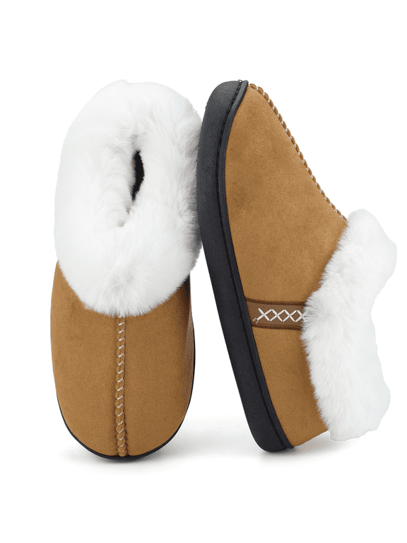 Women's Winter Slippers with Memory Foam, Fuzzy Faux Fur Lining House Shoes Non-Slip Rubber Sole for Indoor Outdoor, Warm Cozy Plush Comfort Slippers