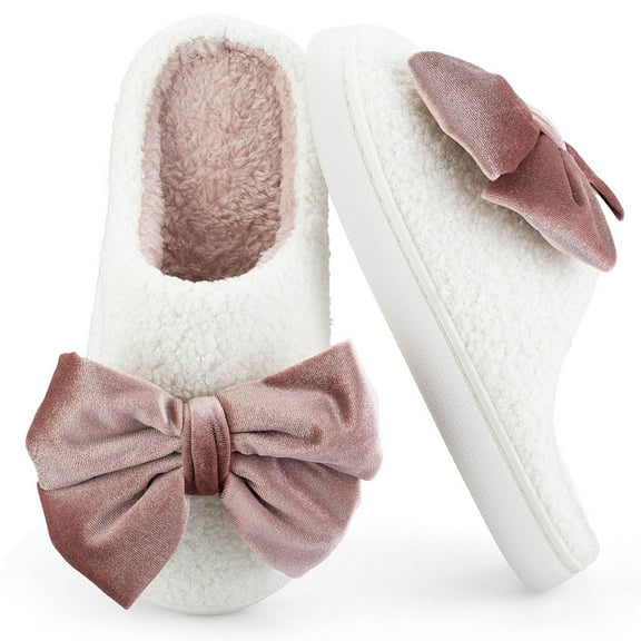 BERANMEY Women's Slippers with Memory Foam Plush Soft House Slippers for Women Non-Slip Indoor Outdoor Cozy Fluffy Warm Bedroom Slippers with Cute Bow Ideal Gift for Her