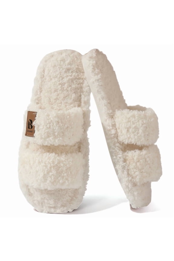 Womens Fuzzy Open Toe Slippers Faux Fur Slippers with Memory Foam House Shoes Lightweight for Indoor Outdoor & Home Use