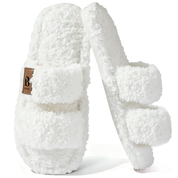 BERANMEY Womens Fuzzy Open Toe Slippers Faux Fur Slippers with Memory Foam House Shoes Lightweight for Indoor Outdoor & Home Use