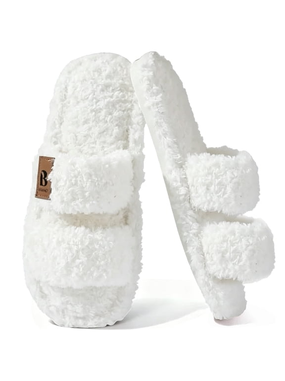 Womens Fuzzy Open Toe Slippers Faux Fur Slippers with Memory Foam House Shoes Lightweight for Indoor Outdoor & Home Use
