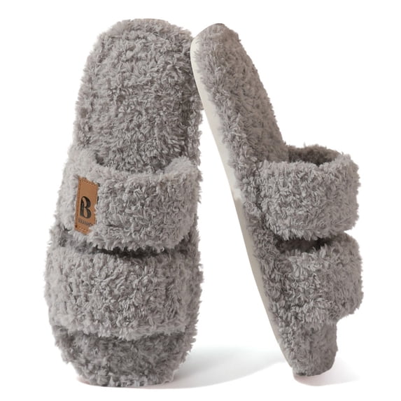 BERANMEY Womens Fuzzy Open Toe Slippers Faux Fur Slippers with Memory Foam House Shoes Lightweight for Indoor Outdoor & Home Use