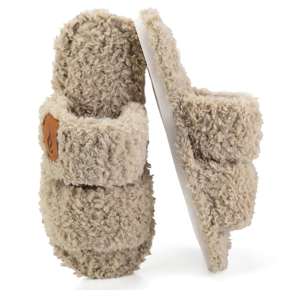 BERANMEY Womens Fuzzy Open Toe Slippers Faux Fur Slippers with Memory Foam House Shoes Lightweight for Indoor Outdoor & Home Use