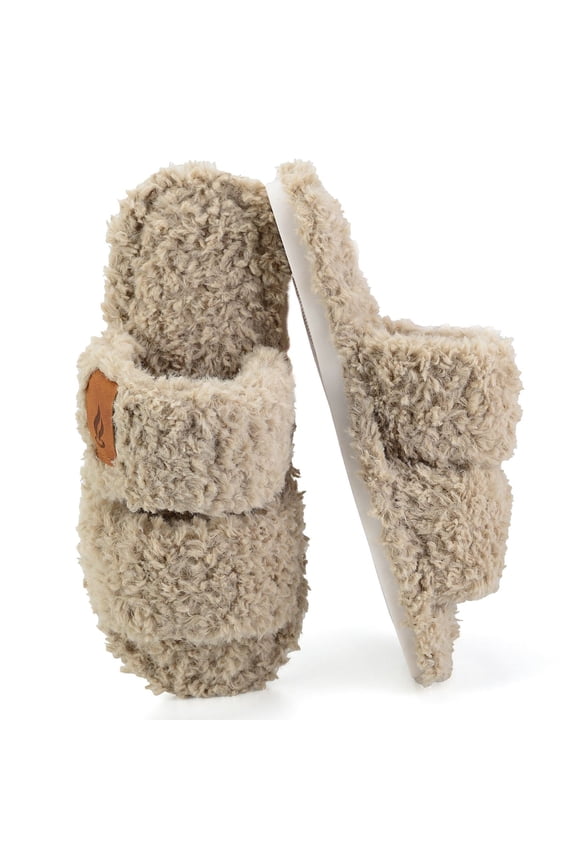 Womens Fuzzy Open Toe Slippers Faux Fur Slippers with Memory Foam House Shoes Lightweight for Indoor Outdoor & Home Use