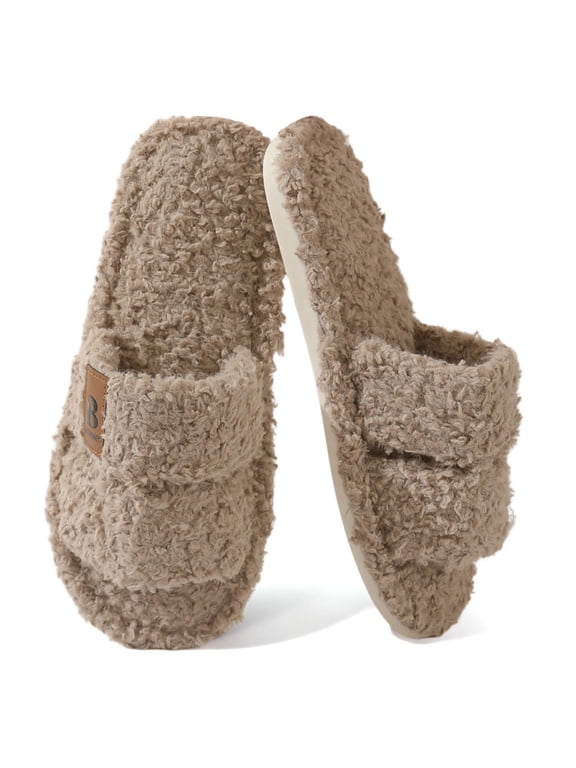 Womens Fuzzy Open Toe Slippers Faux Fur Slippers with Memory Foam House Shoes Lightweight for Indoor Outdoor & Home Use