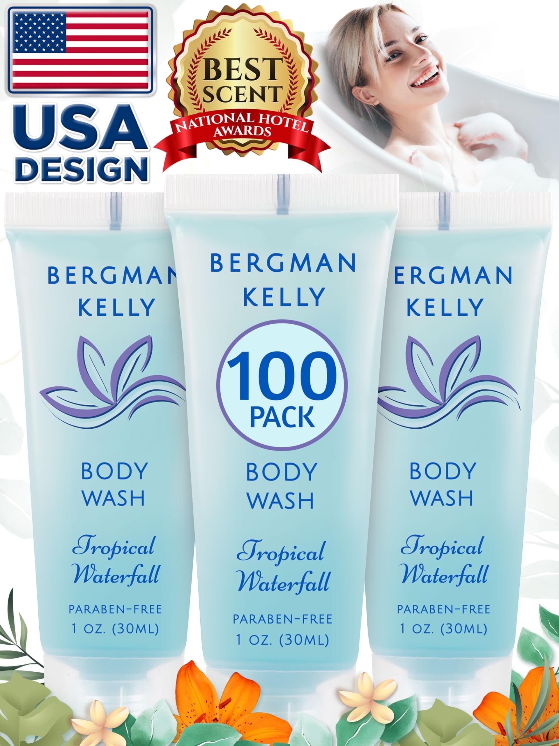Bergman Kelly Travel Size Body Wash, Tropical Waterfall, 1 fl oz, 100 pcs (US Company)