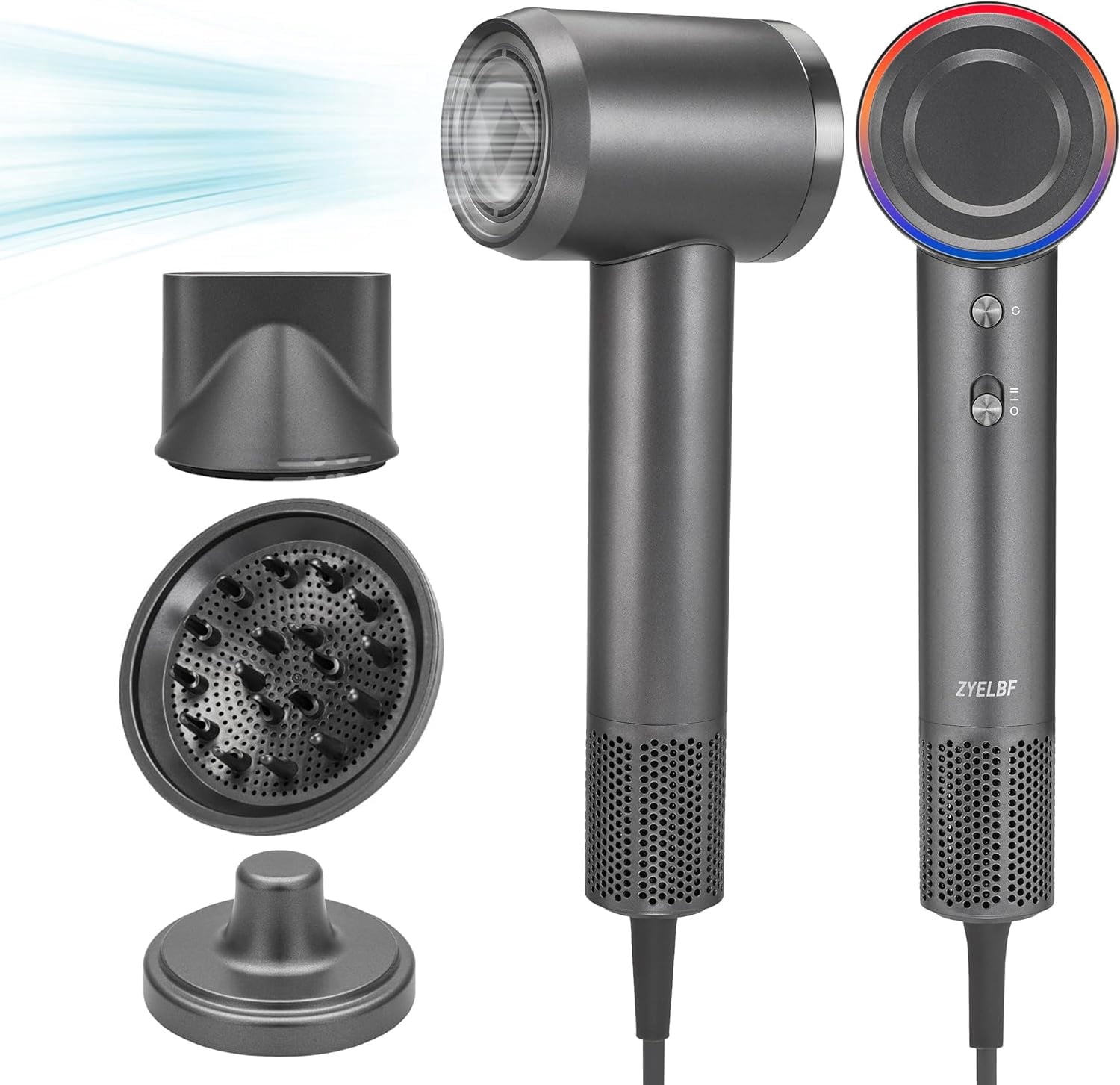 BERGUF Low Noise Thermo Control Hairdryer, 150000 RPM Professional High-Speed Blow Dryer 500 Millions Negative Ionic Care Hair Dryer with Magnetic Diffuser, Nozzle and Holder Wall Mounted (Grey)