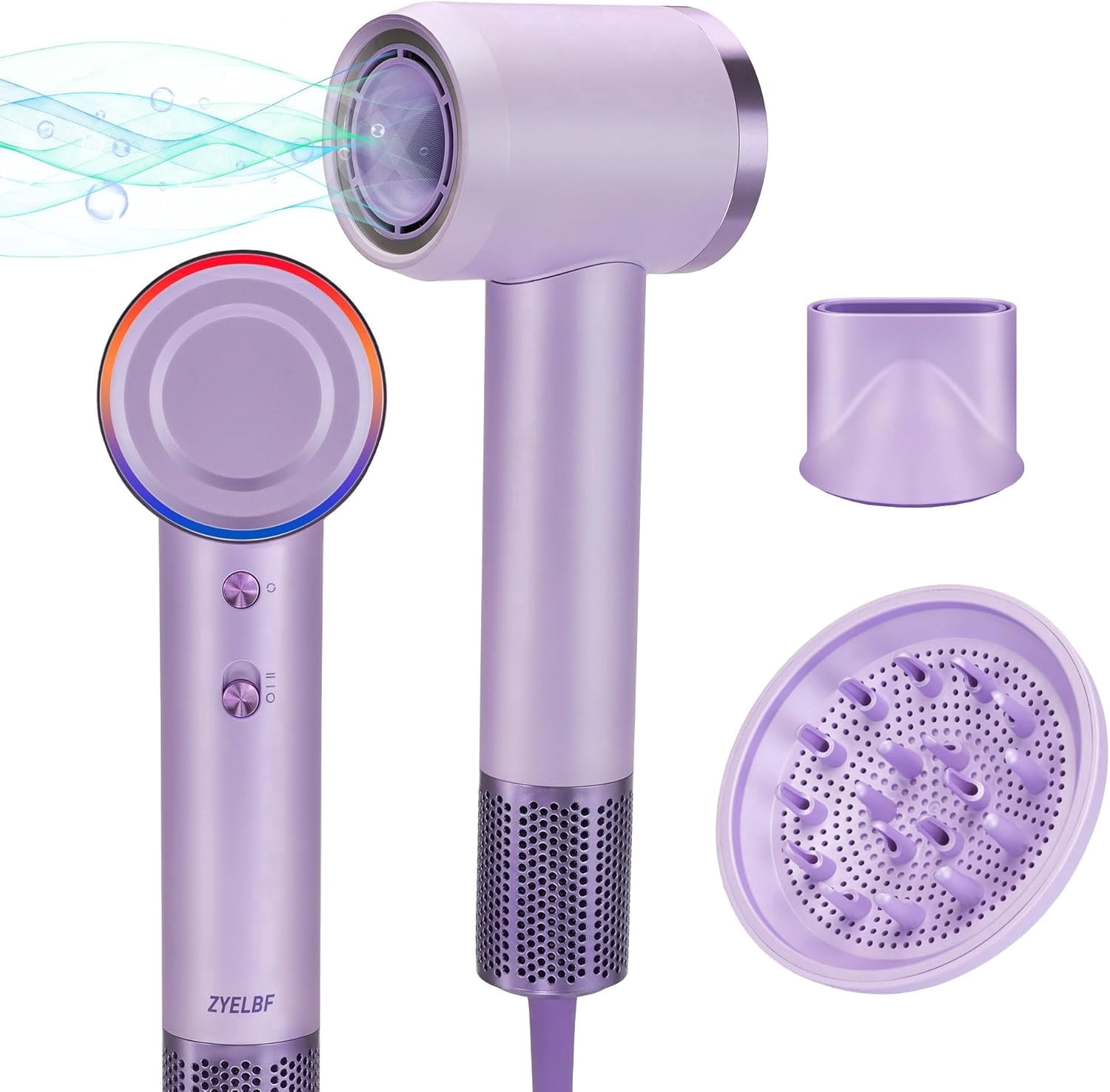 BERGUF Low Noise Thermo Control Hairdryer, 150000 RPM Professional High-Speed Blow Dryer 500 Millions Negative Ionic Care Hair Dryer with Magnetic Diffuser, Nozzle (Purple)