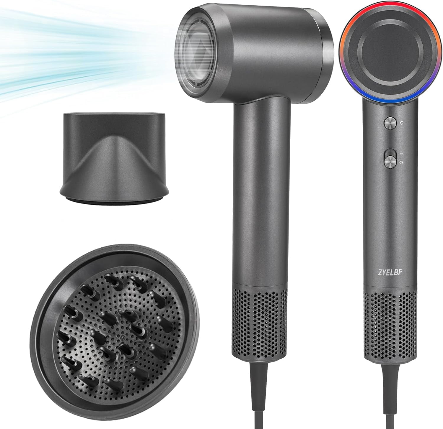 BERGUF Professional Ionic Hair Dryer, 130000 RPM High-Speed Brushless Motor Negative Ionic Blow Dryer for Fast Drying, Low Noise Thermo Control Blow Dryer with Magnetic Diffuser and Nozzle (Grey)