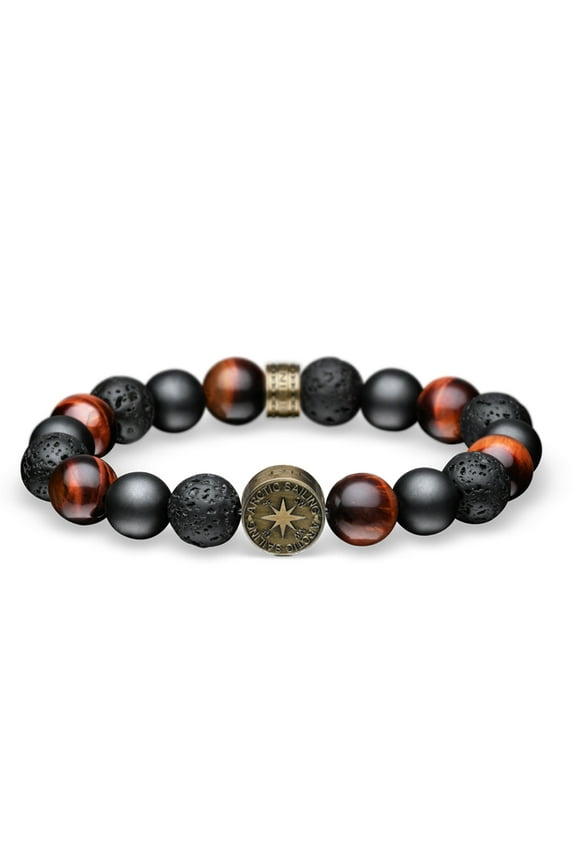 Arctic Symphony Collection Brushed Gold Stainless Steel with Sandblast, Red Tiger Eye and Lava Beads Arctic Sailing Bracelet. 631-642-200