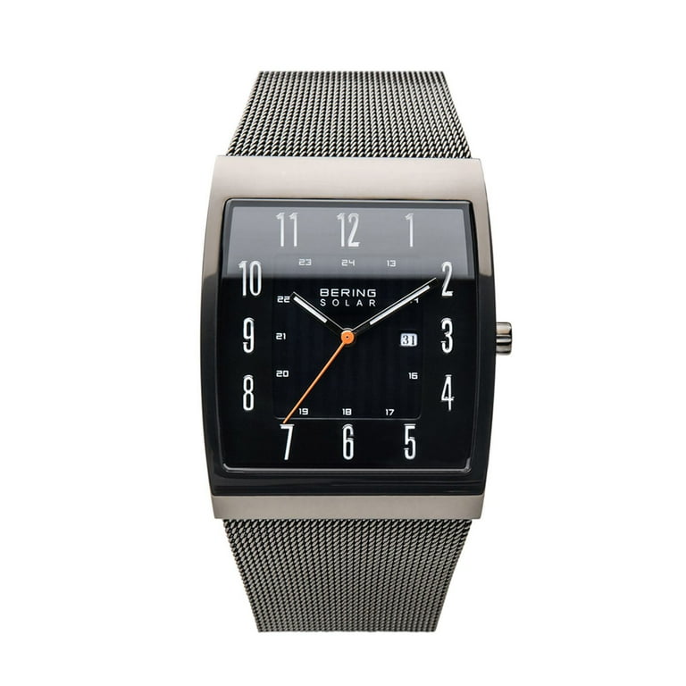 BERING Mens Slim Solar Grey Stainless Steel Tank case mesh watch