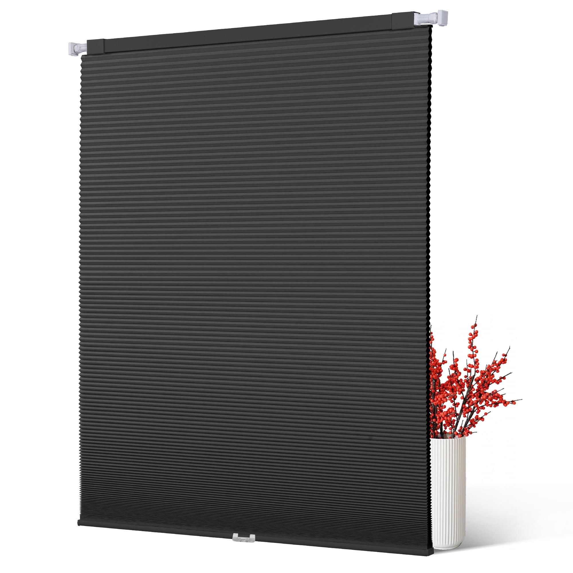 BERISSA Cordless Blackout No Drill No Tools Cellular Shades, Pull Down Window Blinds,Black,34" W x 48" H