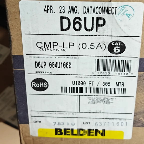 Belden D6UP CAT6 Plenum Ethernet Cable 1000ft Yellow 23AWG Solid Copper UTP CMP USA Made CAT6-CMP-BLDN-D6UP-YL