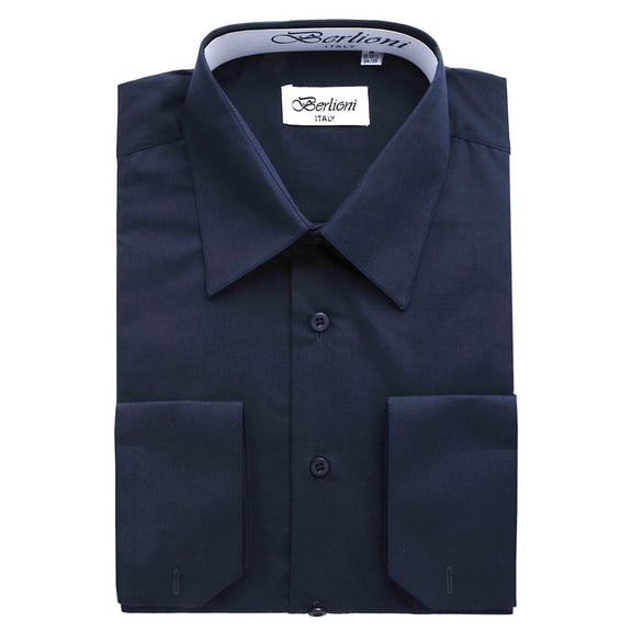 BERLIONI MEN'S CONVERTIBLE CUFF SOLID DRESS SHIRT-NAVY-XL sleeve 34/35