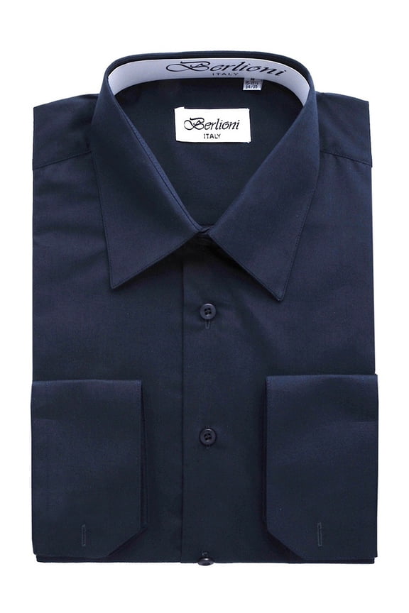 MEN'S CONVERTIBLE CUFF SOLID DRESS SHIRT-NAVY-XL sleeve 34/35