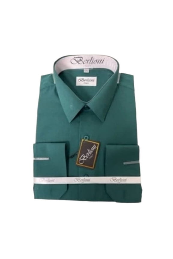 BERLIONI MEN'S FRENCH CONVERTIBLE CUFF LONG SLEEVE DRESS SHIRT HUNTER GREEN SMALL 32/33