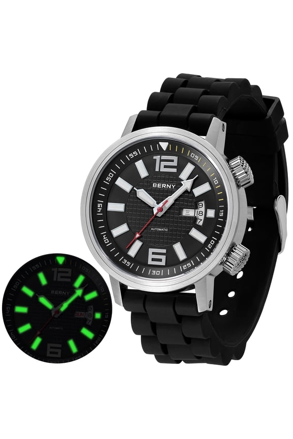 Automatic Dive Watches for Men, Sport 200M Waterproof Analog Mechanical Watch with Day Date, Super Luminous, Silicone Strap, Stainless Steel, Sapphire Crystal, Men's Pro Diver Watch (Black)