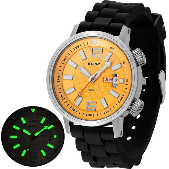 BERNY Automatic Dive Watches for Men, Sport 200M Waterproof Analog Mechanical Watch with Day Date, Super Luminous, Silicone Strap, Stainless Steel, Sapphire Crystal, Men's Pro Diver Watch (Yellow)
