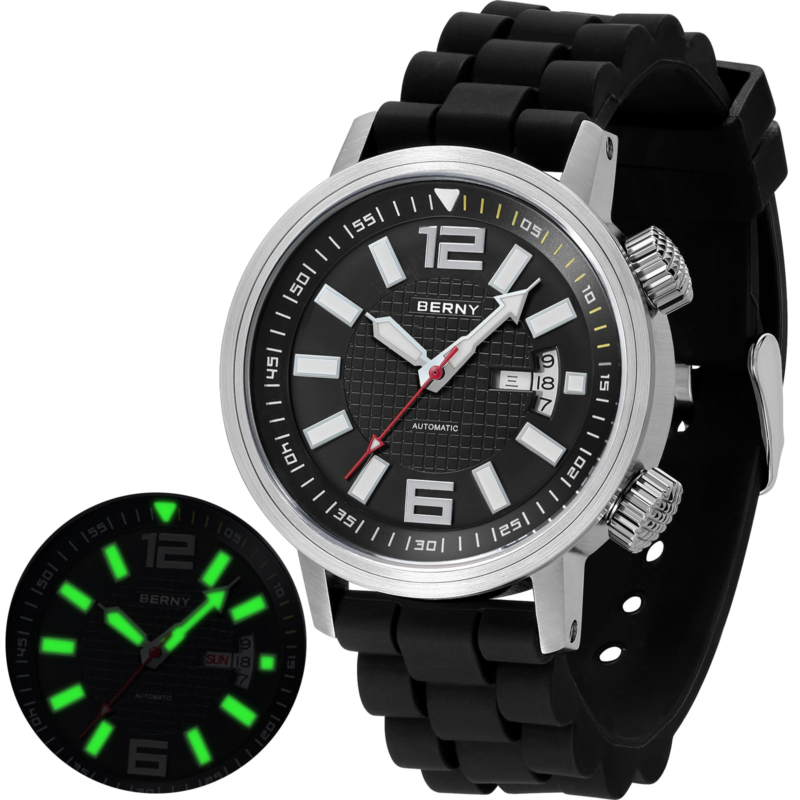 BERNY Automatic Dive Watches for Men, Sport 200M Waterproof Analog Mechanical Watch with Day & Date, Super Luminous, Silicone Strap, Stainless Steel, Sapphire Crystal, Men's Pro Diver Watch (Black)