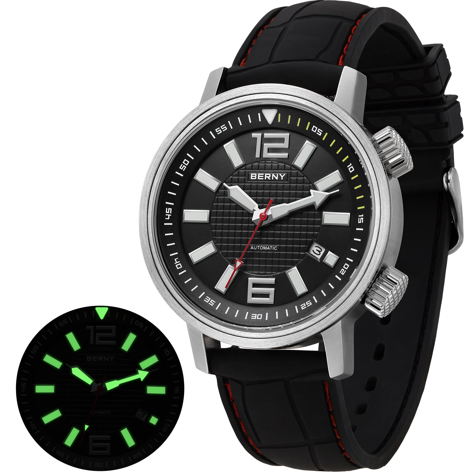 BERNY Automatic Dive Watches for Men, Sport 200M Waterproof Analog Mechanical Watch with Date, Super Luminous, Fluororubber Strap, Sapphire Crystal, Fashion Men's Pro Diver Watch (Black)